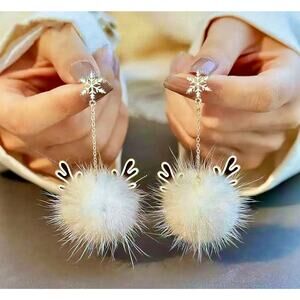 Reindeer Antler Tassel Dangle Stud Pom Pom Pendant Snowflake Earrings